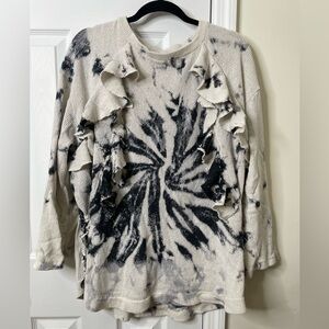 Zara men top / women oversized top knit tie dye black white ruffle trim wide fit